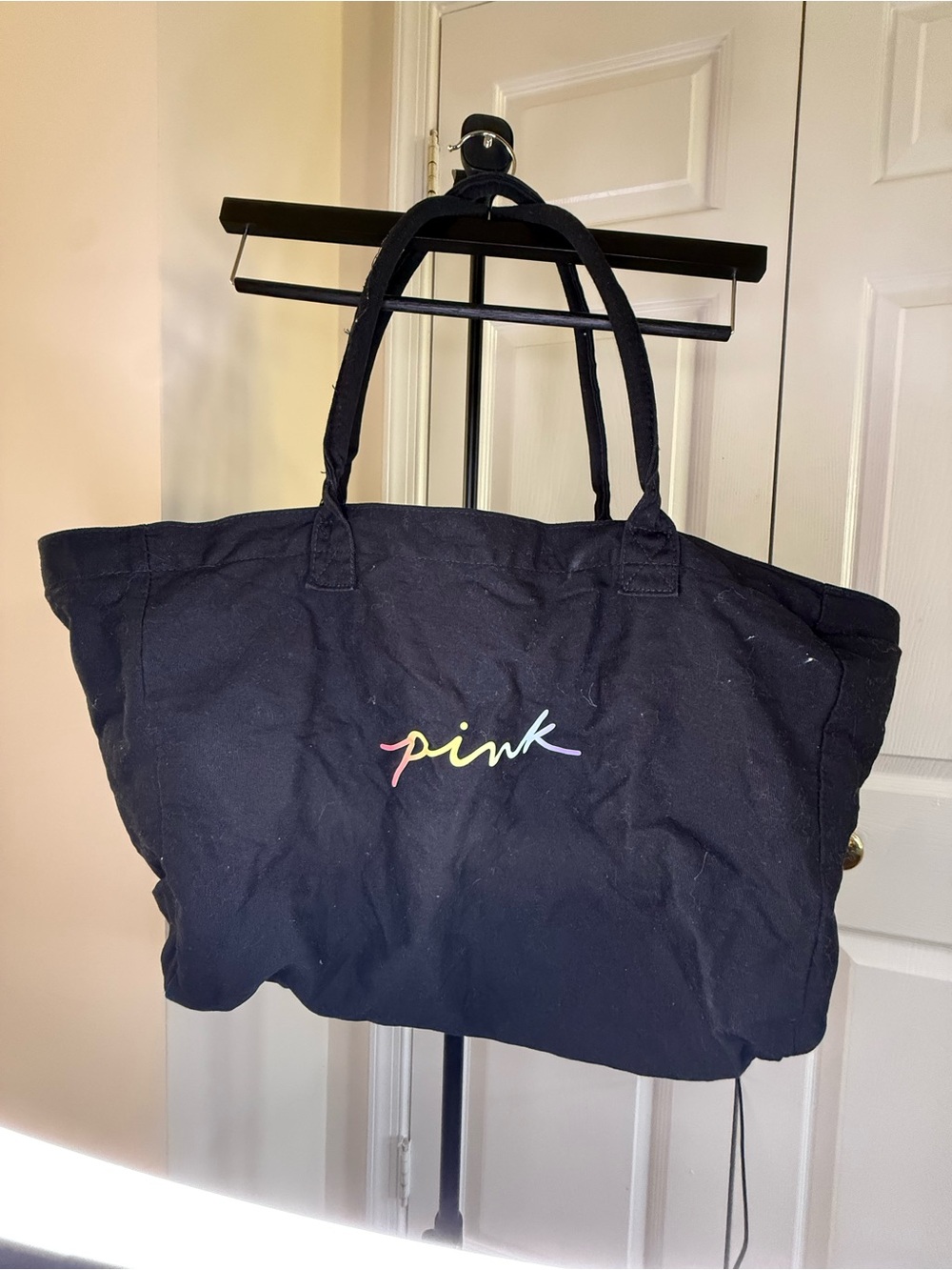 PINK Victoria's Secret Black Canvas Tote with Rainbow Script Logo